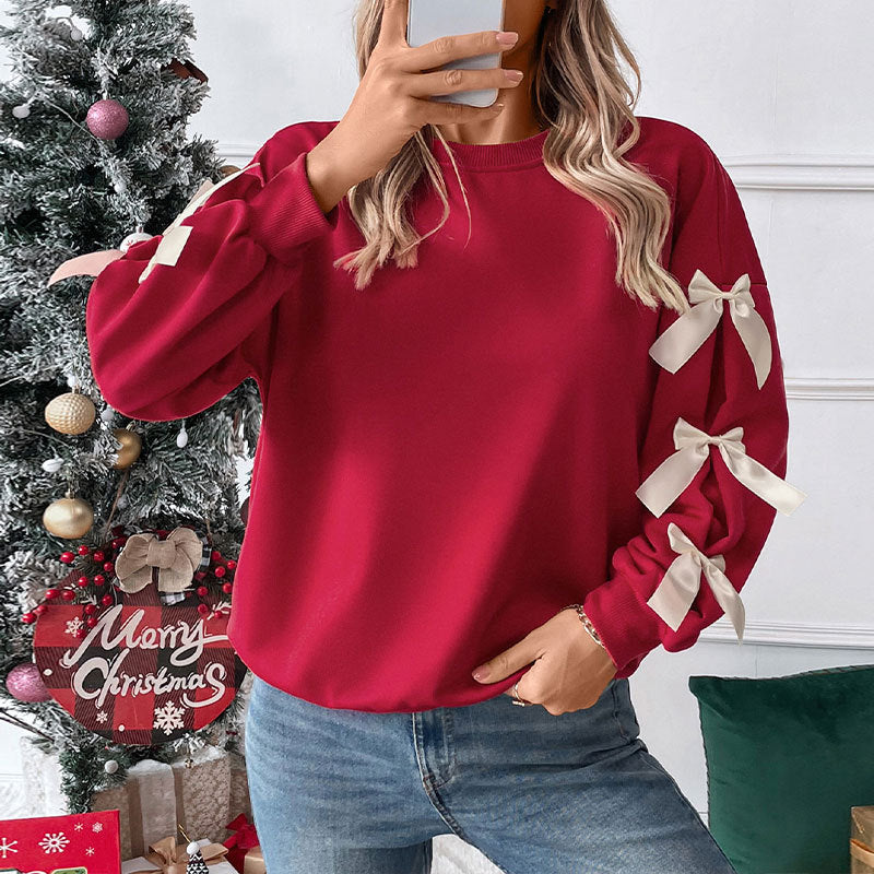 Loose Solid Sweatshirt with Bowknot Sleeve Details