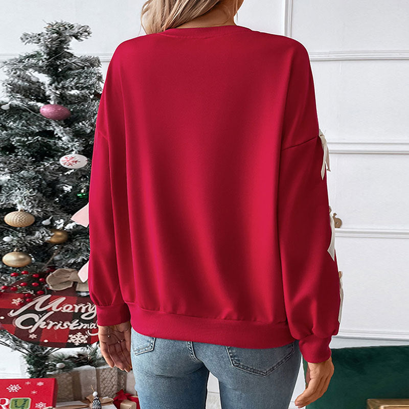 Loose Solid Sweatshirt with Bowknot Sleeve Details