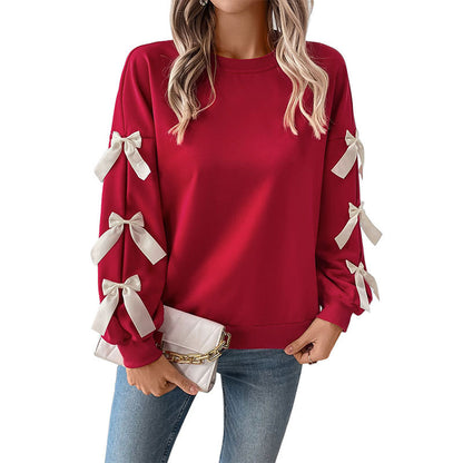 Loose Solid Sweatshirt with Bowknot Sleeve Details