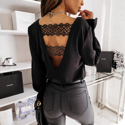 Solid Blouse with V-Neck and Ruffled Long Sleeves