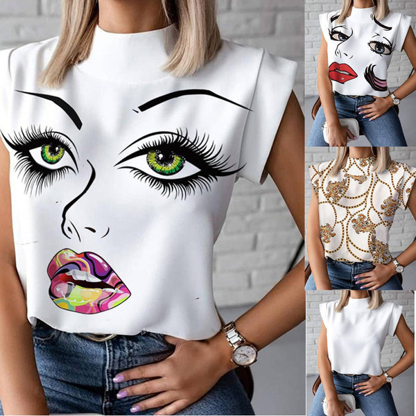 Graphic Face Print Sleeveless Top with Stand Collar