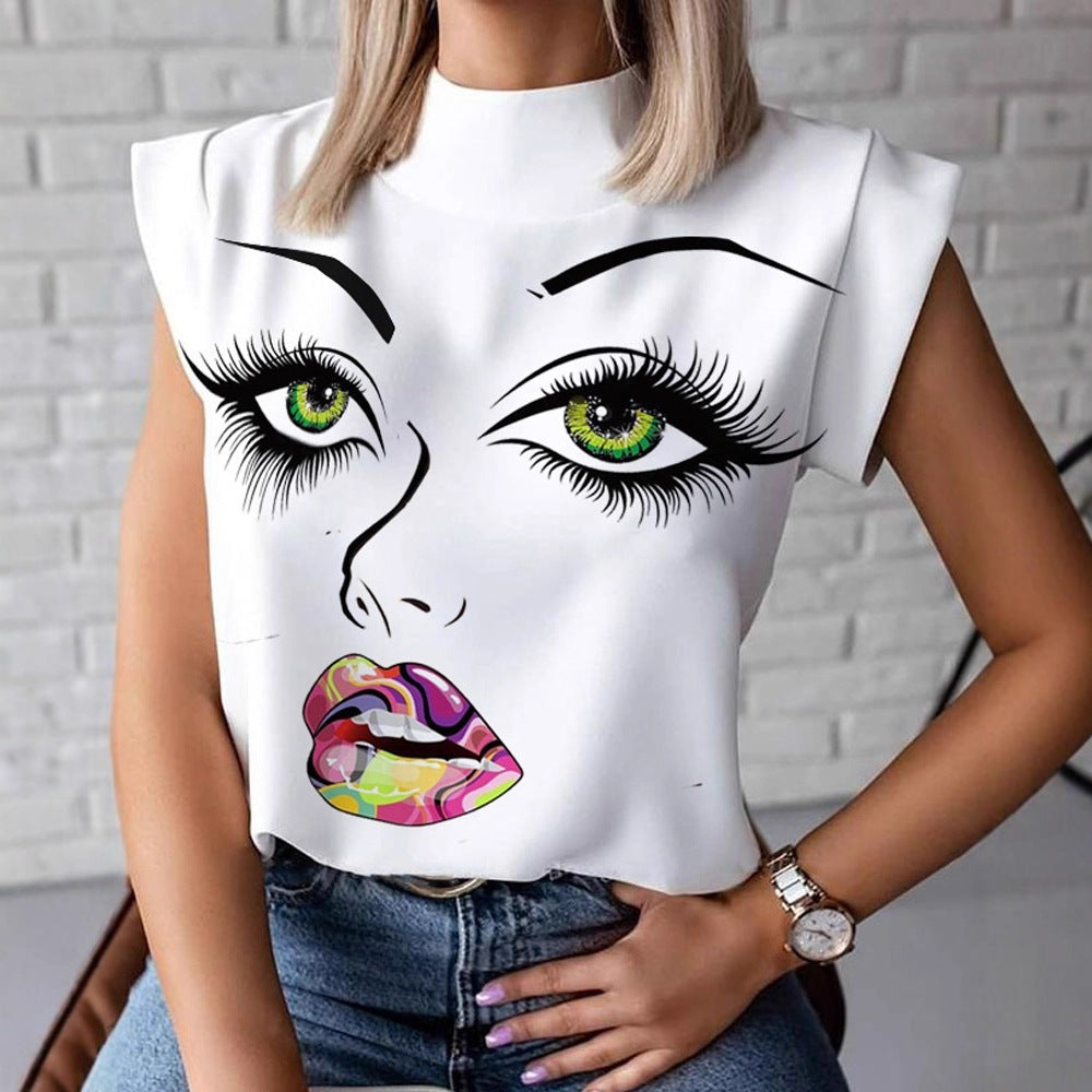 Graphic Face Print Sleeveless Top with Stand Collar