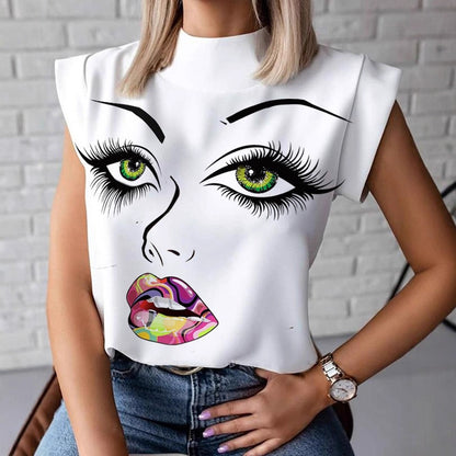 Graphic Face Print Sleeveless Top with Stand Collar