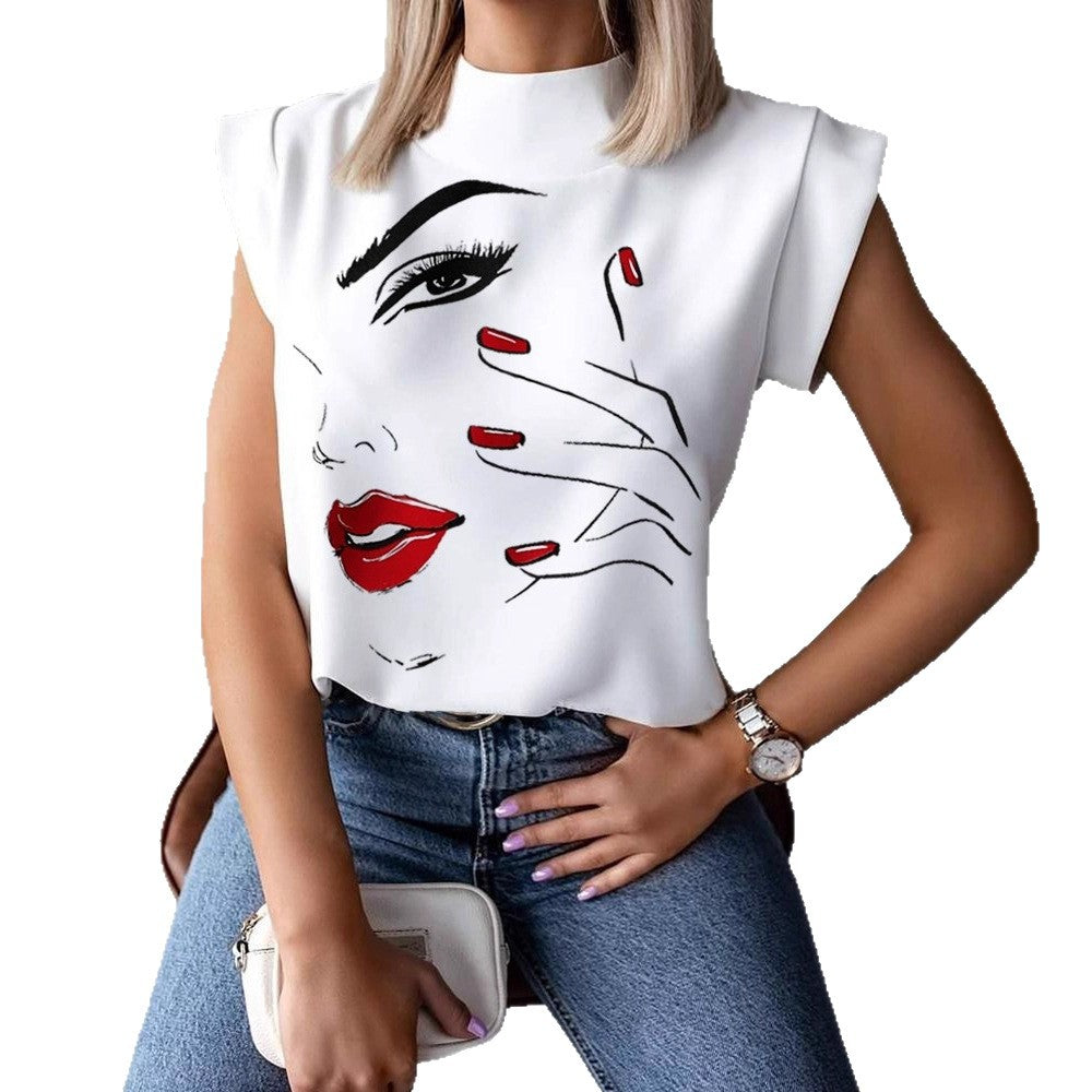 Graphic Face Print Sleeveless Top with Stand Collar