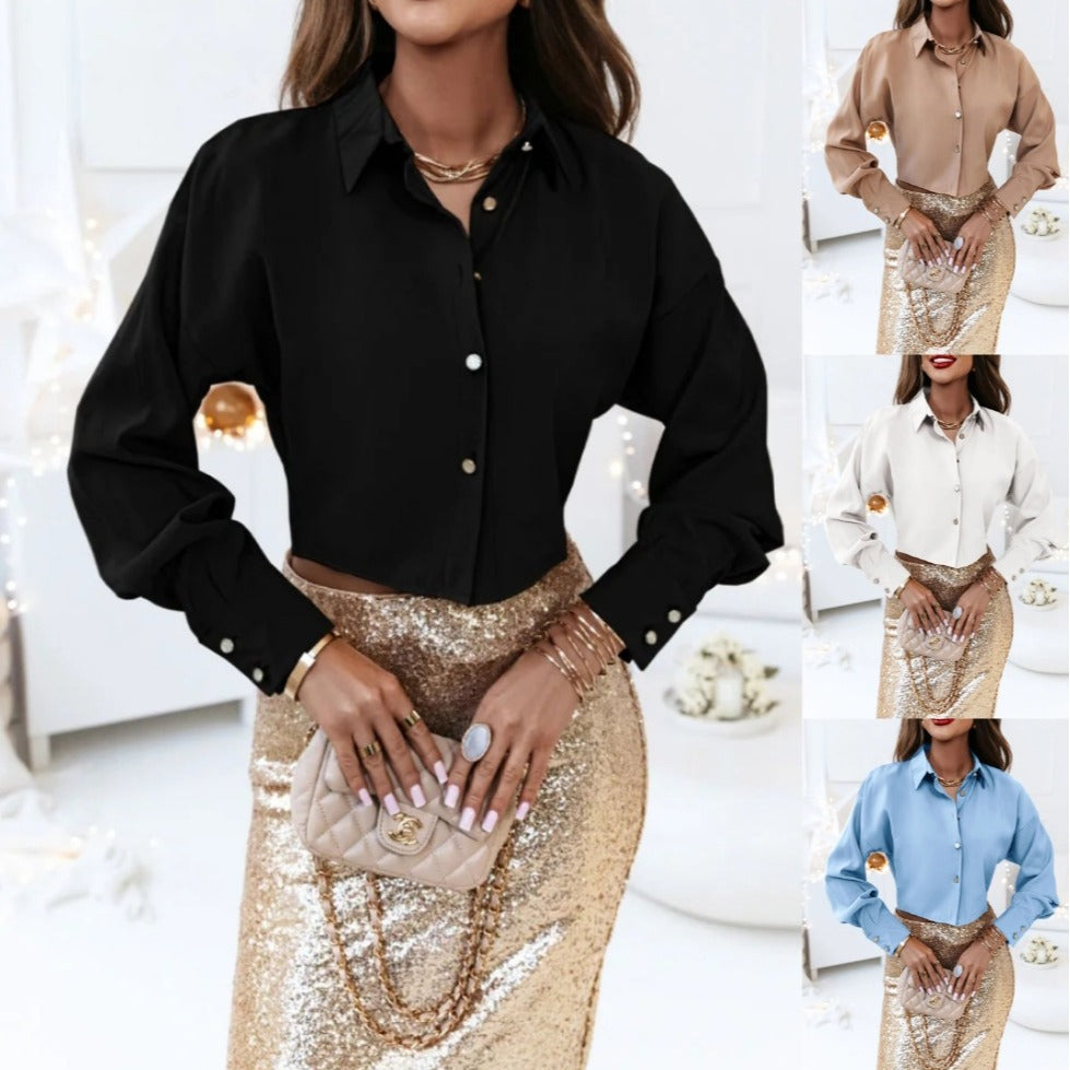 Cropped Button-Down Shirt with Long Sleeves