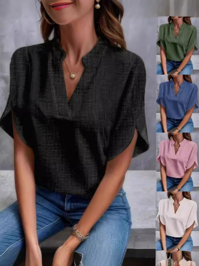 Solid Blouse with V-Neck and Split Short Sleeves