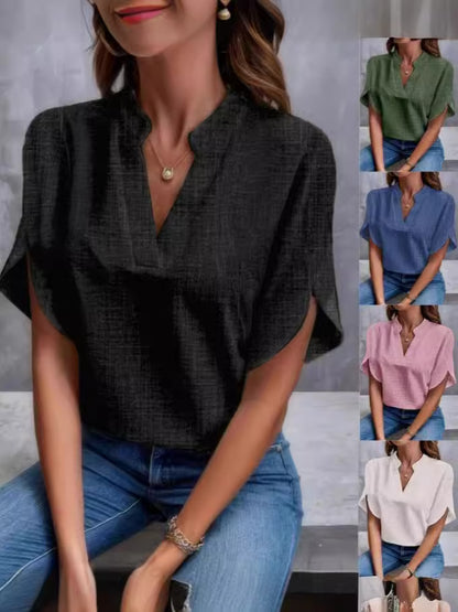 Solid Blouse with V-Neck and Split Short Sleeves