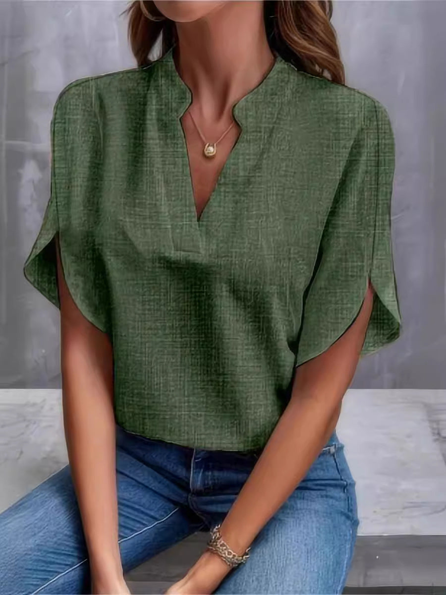 Solid Blouse with V-Neck and Split Short Sleeves