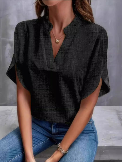 Solid Blouse with V-Neck and Split Short Sleeves