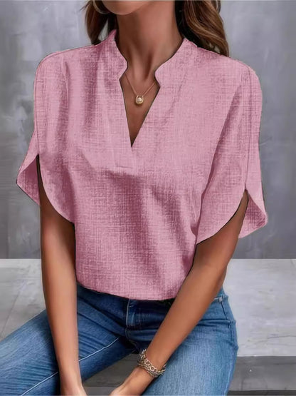 Solid Blouse with V-Neck and Split Short Sleeves