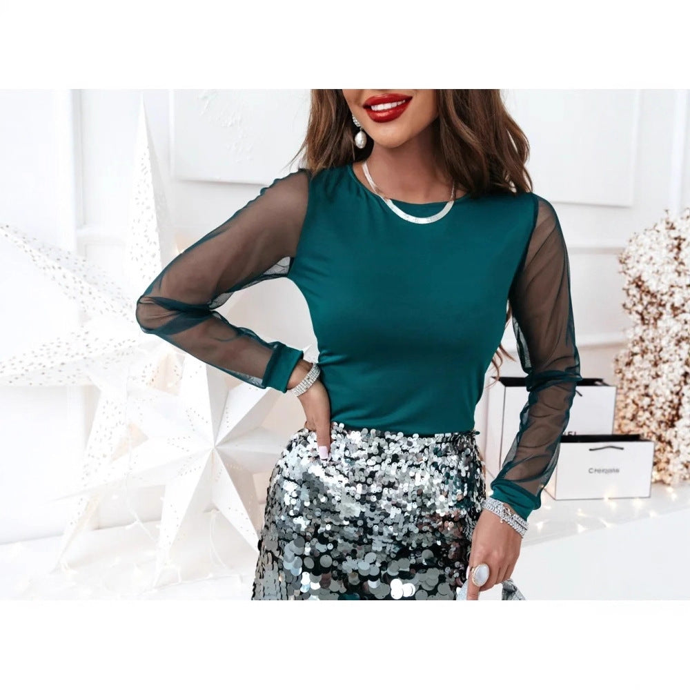 Solid Top & Sequin Mini Skirt Set with Sheer Mesh Sleeves