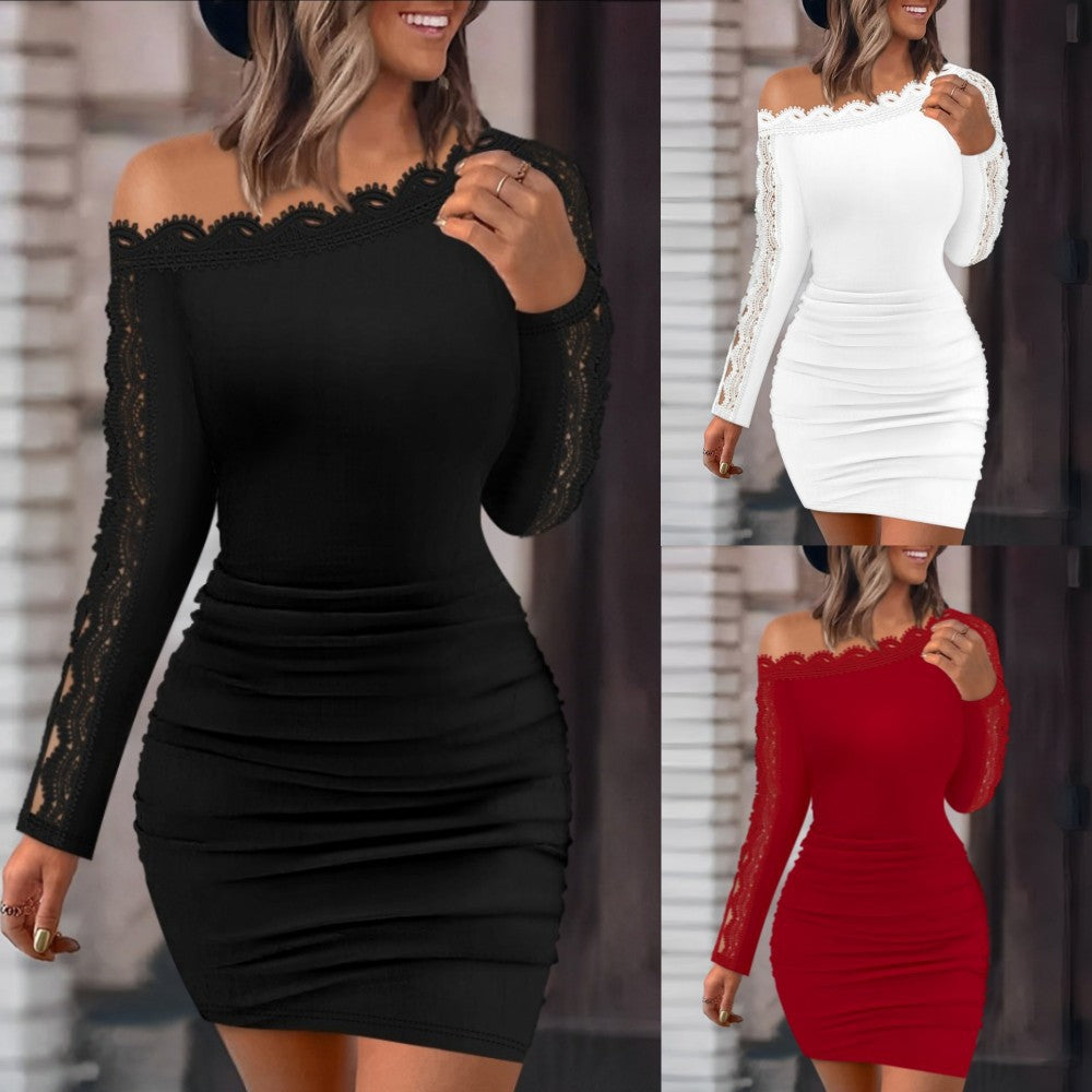 Sheath Mini Dress with Off-Shoulder, Lace Trim, and Ruched Skirt