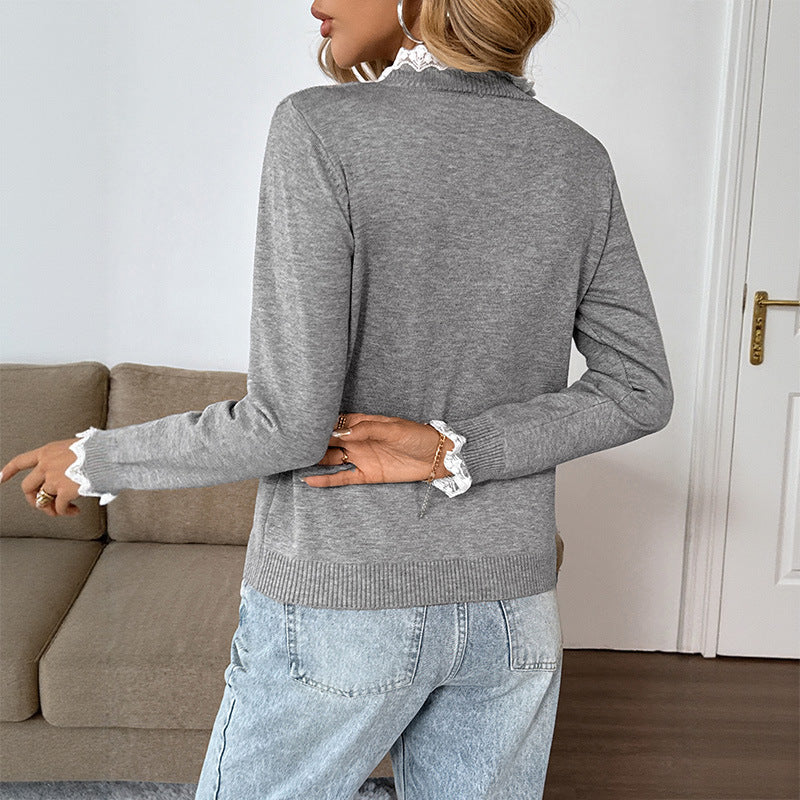 Loose Knit Sweater with Lace Trim and Button Placket