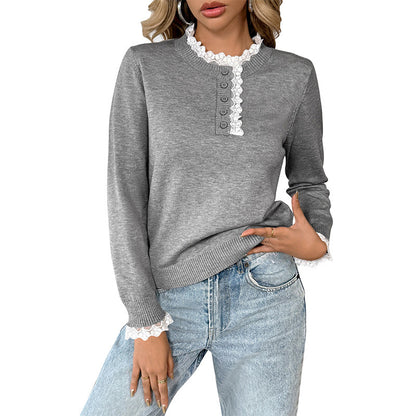 Loose Knit Sweater with Lace Trim and Button Placket