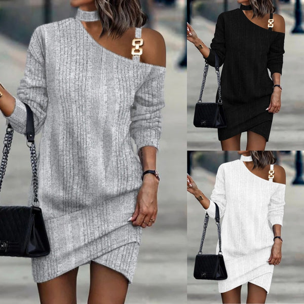Ribbed Knit Mini Dress with Choker Halter and Buckle Shoulder