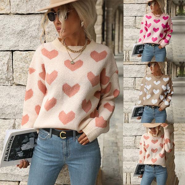 Jacquard Heart Pullover Sweater with Crewneck
