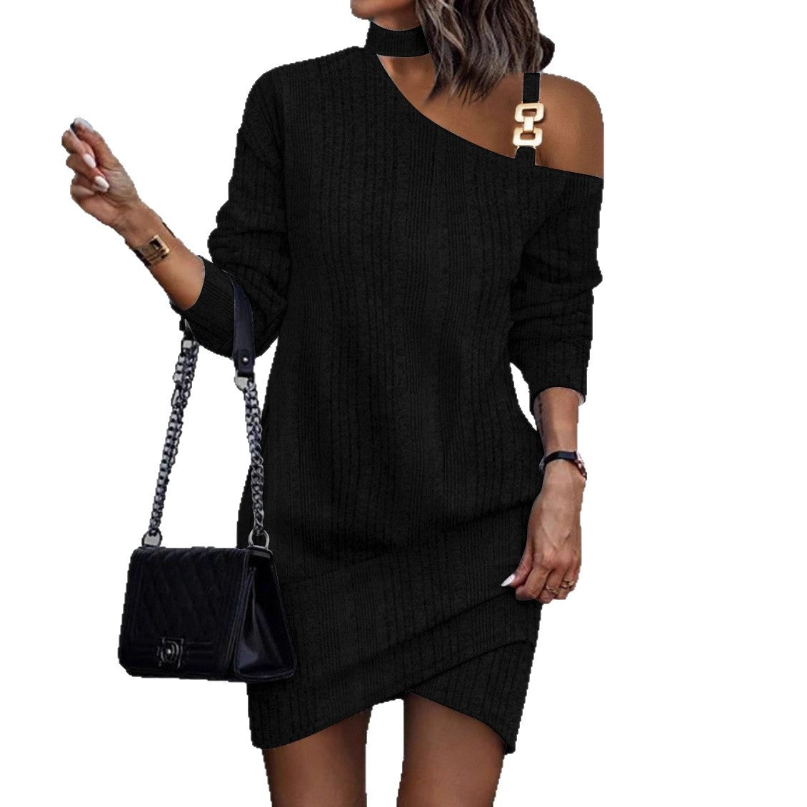 Ribbed Knit Mini Dress with Choker Halter and Buckle Shoulder