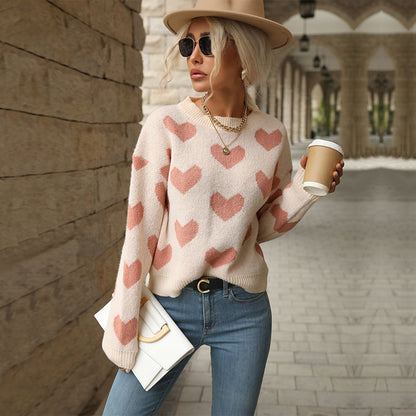 Jacquard Heart Pullover Sweater with Crewneck