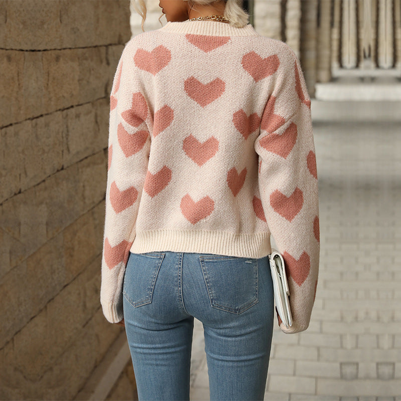 Jacquard Heart Pullover Sweater with Crewneck