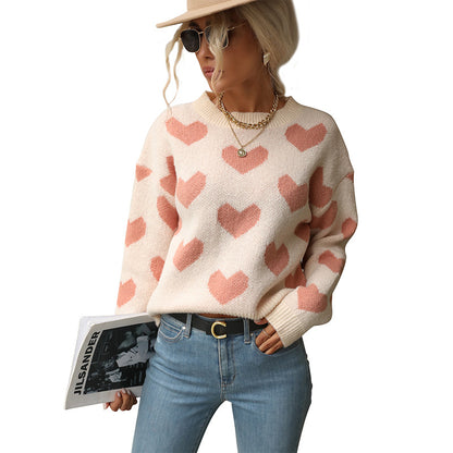 Jacquard Heart Pullover Sweater with Crewneck