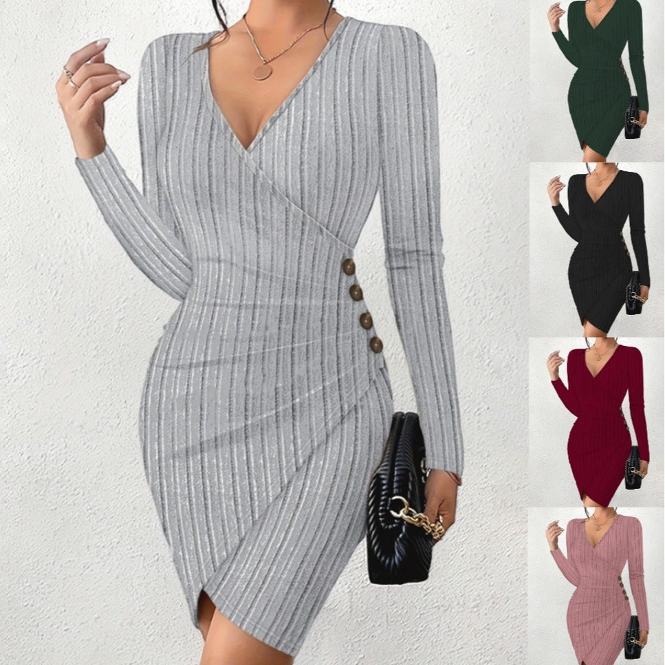Ribbed Wrap Dress with V-Neck and Side Buttons