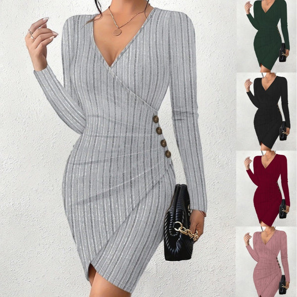 Ribbed Wrap Dress with V-Neck and Side Buttons
