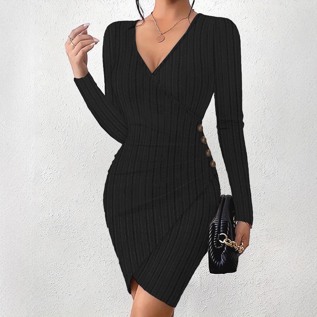 Ribbed Wrap Dress with V-Neck and Side Buttons