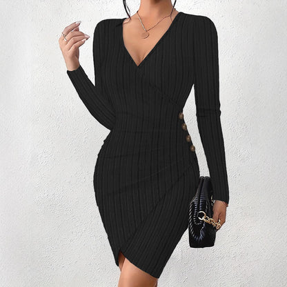 Ribbed Wrap Dress with V-Neck and Side Buttons