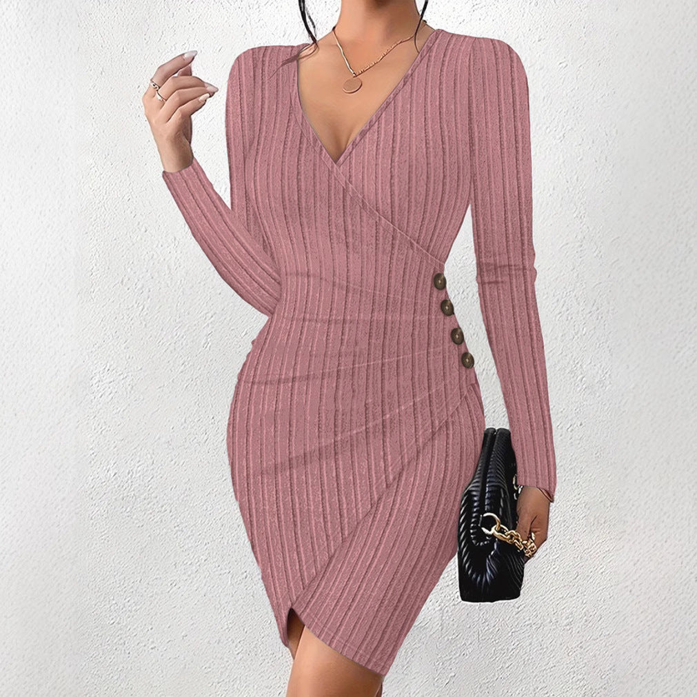 Ribbed Wrap Dress with V-Neck and Side Buttons