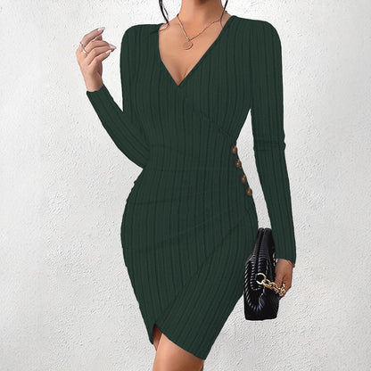 Ribbed Wrap Dress with V-Neck and Side Buttons