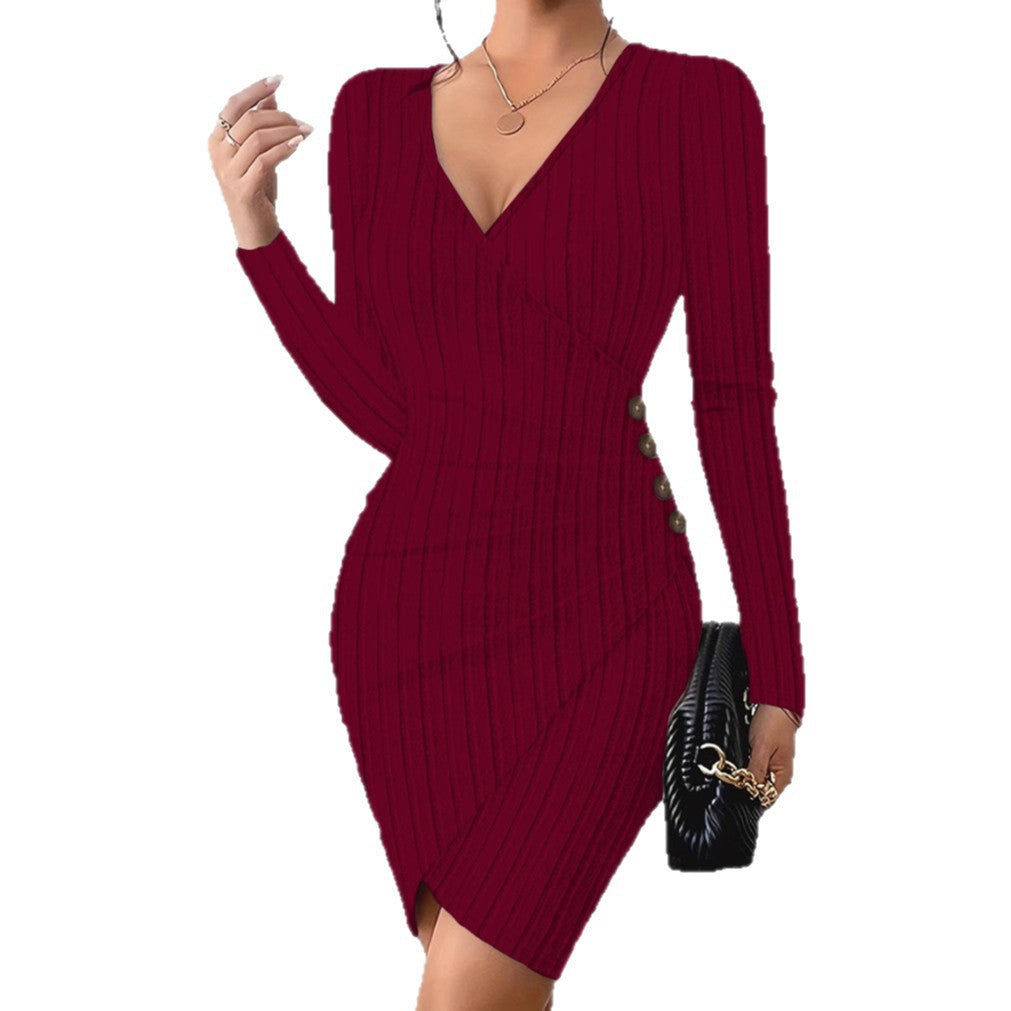 Ribbed Wrap Dress with V-Neck and Side Buttons