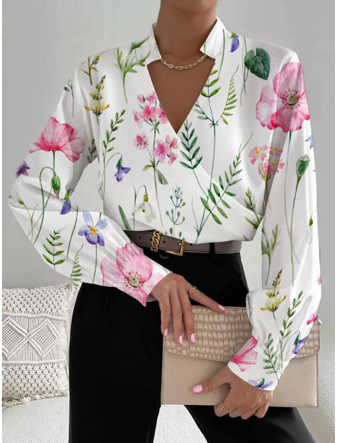 Floral Print V-Neck Blouse with Long Sleeves