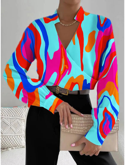 Floral Print V-Neck Blouse with Long Sleeves