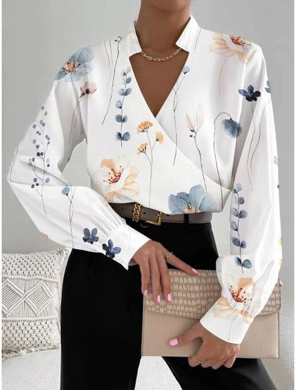 Floral Print V-Neck Blouse with Long Sleeves