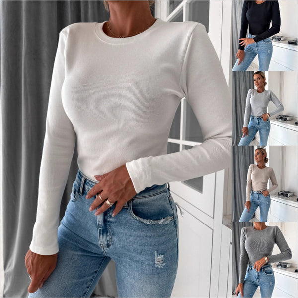 Fitted Ribbed Long Sleeve Top with Round Neck