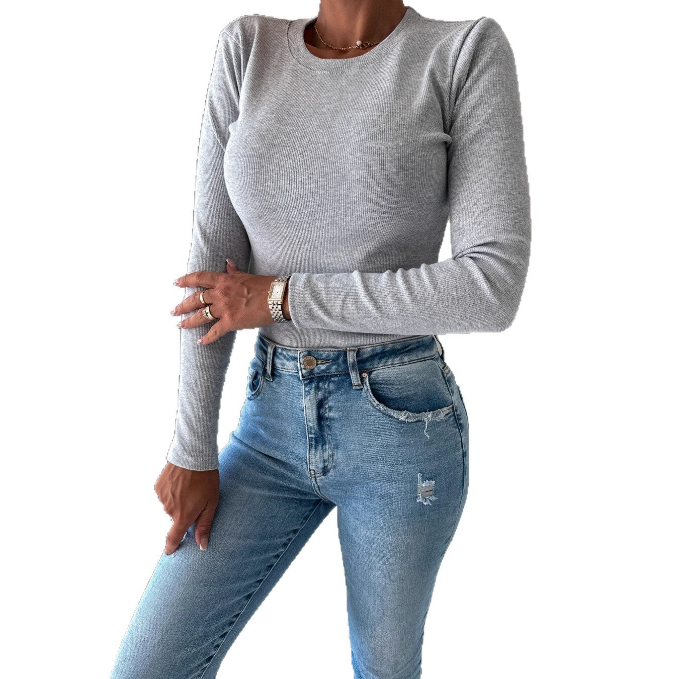Fitted Ribbed Long Sleeve Top with Round Neck