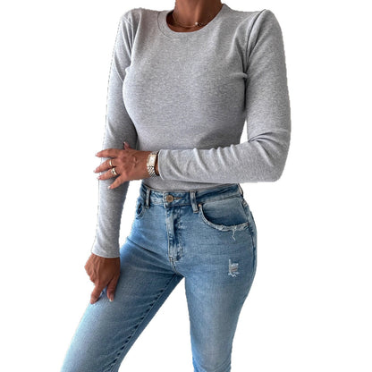 Fitted Ribbed Long Sleeve Top with Round Neck