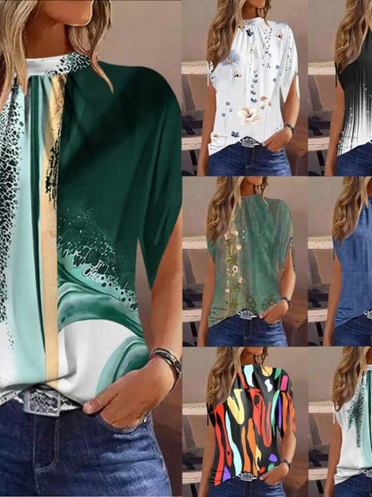 Abstract Print Top with Crewneck and Half Sleeves