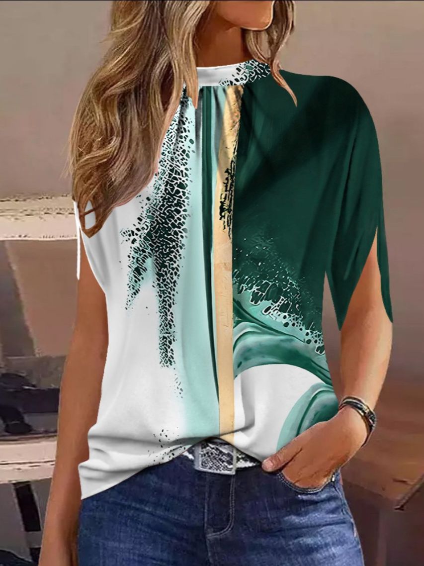 Abstract Print Top with Crewneck and Half Sleeves