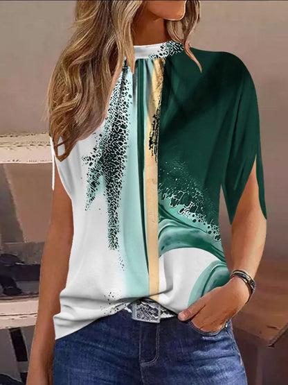 Abstract Print Top with Crewneck and Half Sleeves