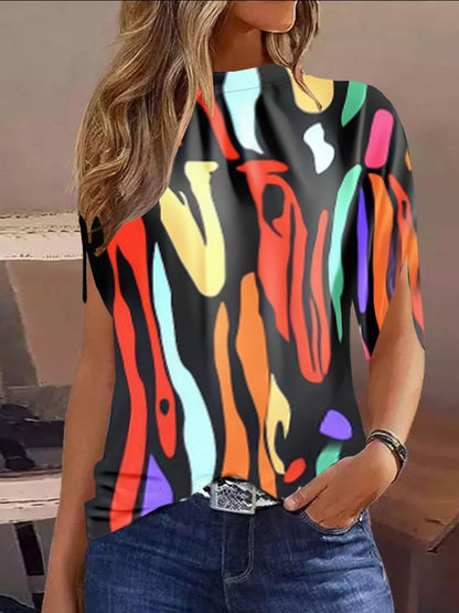 Abstract Print Top with Crewneck and Half Sleeves