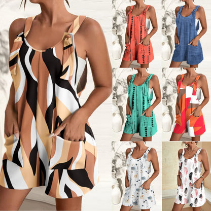 Patterned Romper with Tied Shoulder Straps and Pockets
