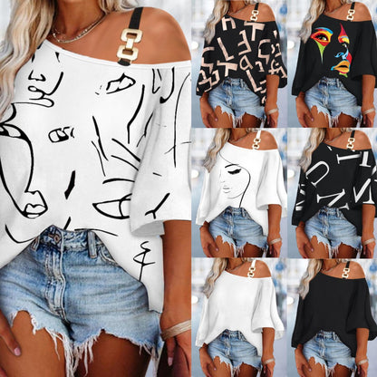 Abstract Print Loose Top with One-Shoulder Strap and Bat Sleeves