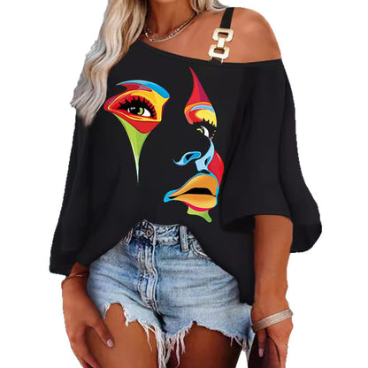 Abstract Print Loose Top with One-Shoulder Strap and Bat Sleeves