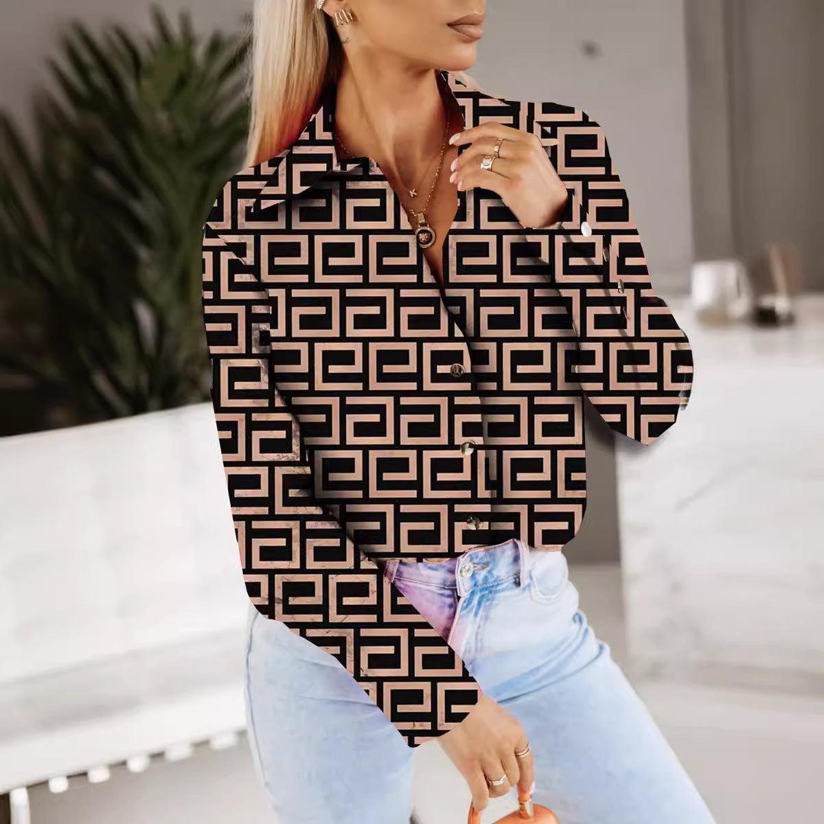 Abstract Print Button-Down Shirt with Long Sleeves
