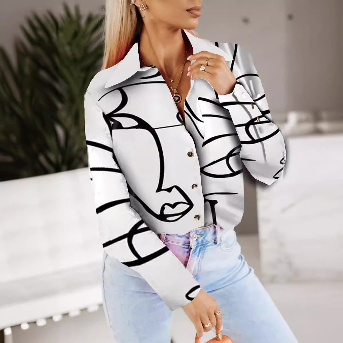 Abstract Print Button-Down Shirt with Long Sleeves
