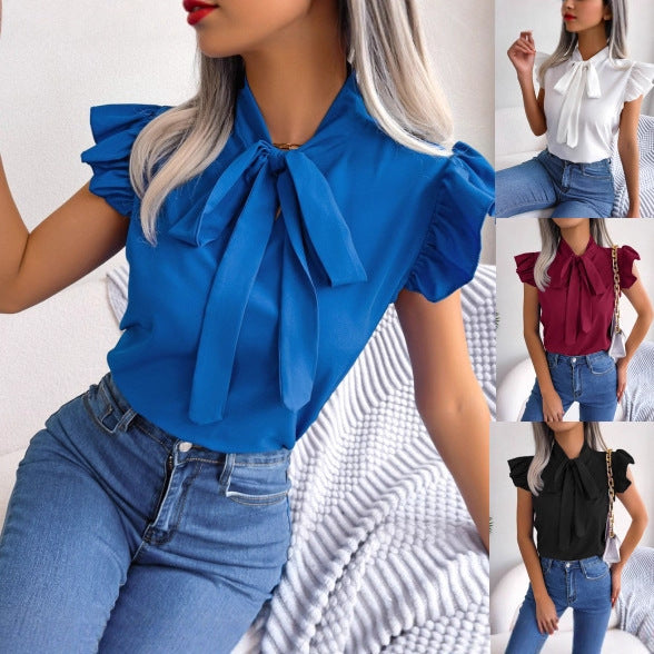 Solid Blouse with Tie-Neck and Ruffle Sleeves