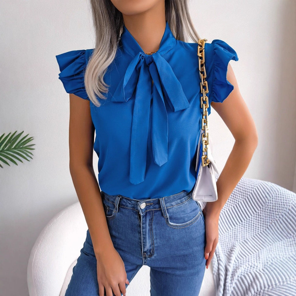 Solid Blouse with Tie-Neck and Ruffle Sleeves