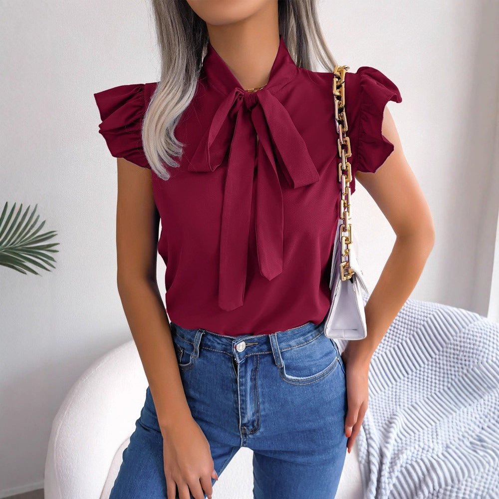 Solid Blouse with Tie-Neck and Ruffle Sleeves
