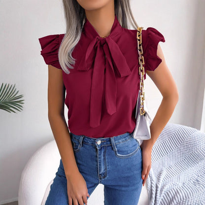 Solid Blouse with Tie-Neck and Ruffle Sleeves